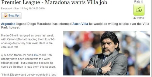 曝馬拉多納下一站執(zhí)教英超 目前正與維拉洽談