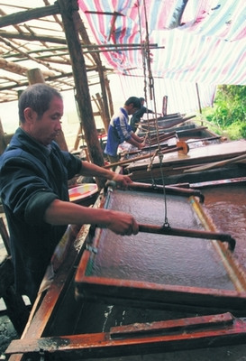 石橋古法造紙術:以天然材質造彩色紙張(圖)