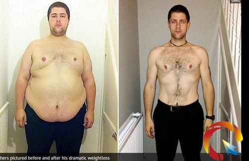 英國30歲男子馬克為了遵守亡友臨終前的承諾,花了13個月的時間狂減70公斤,整個人煥然一新。(英國《鏡報》)